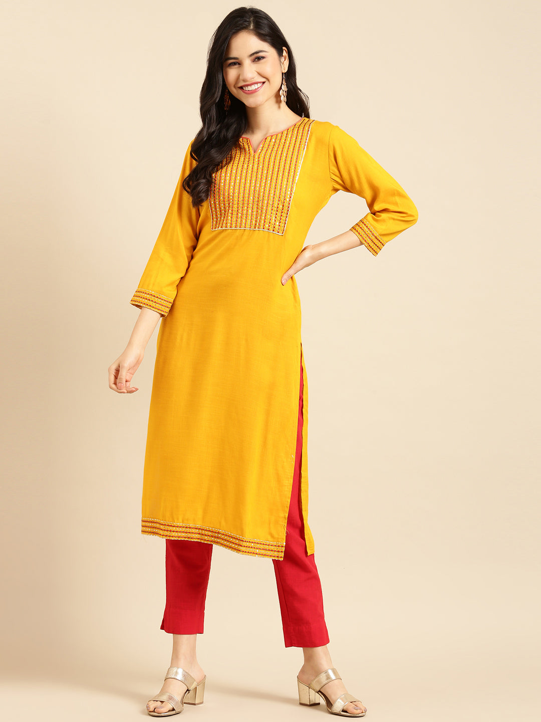 Women's Mustard Embroidered Yoke Design Straight Kurta