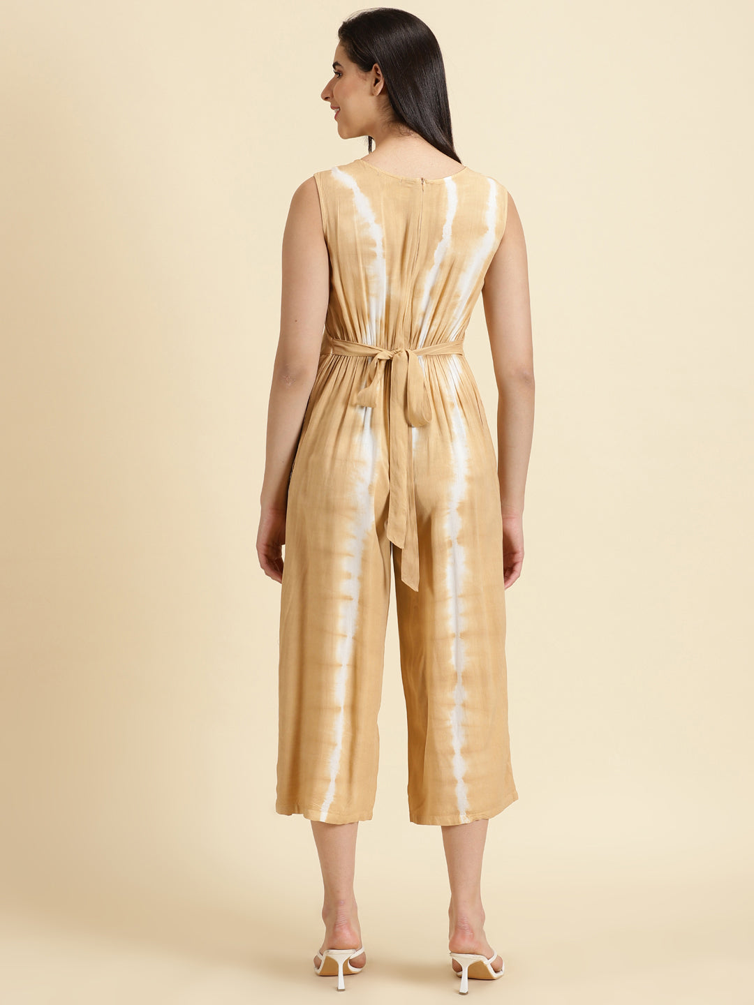Women's Beige Dyed V-Neck Culottes Jumpsuit