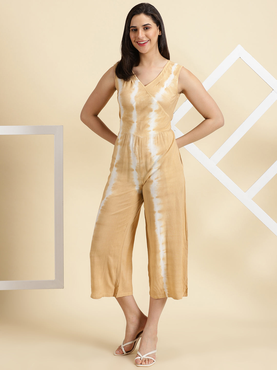 Women's Beige Dyed V-Neck Culottes Jumpsuit