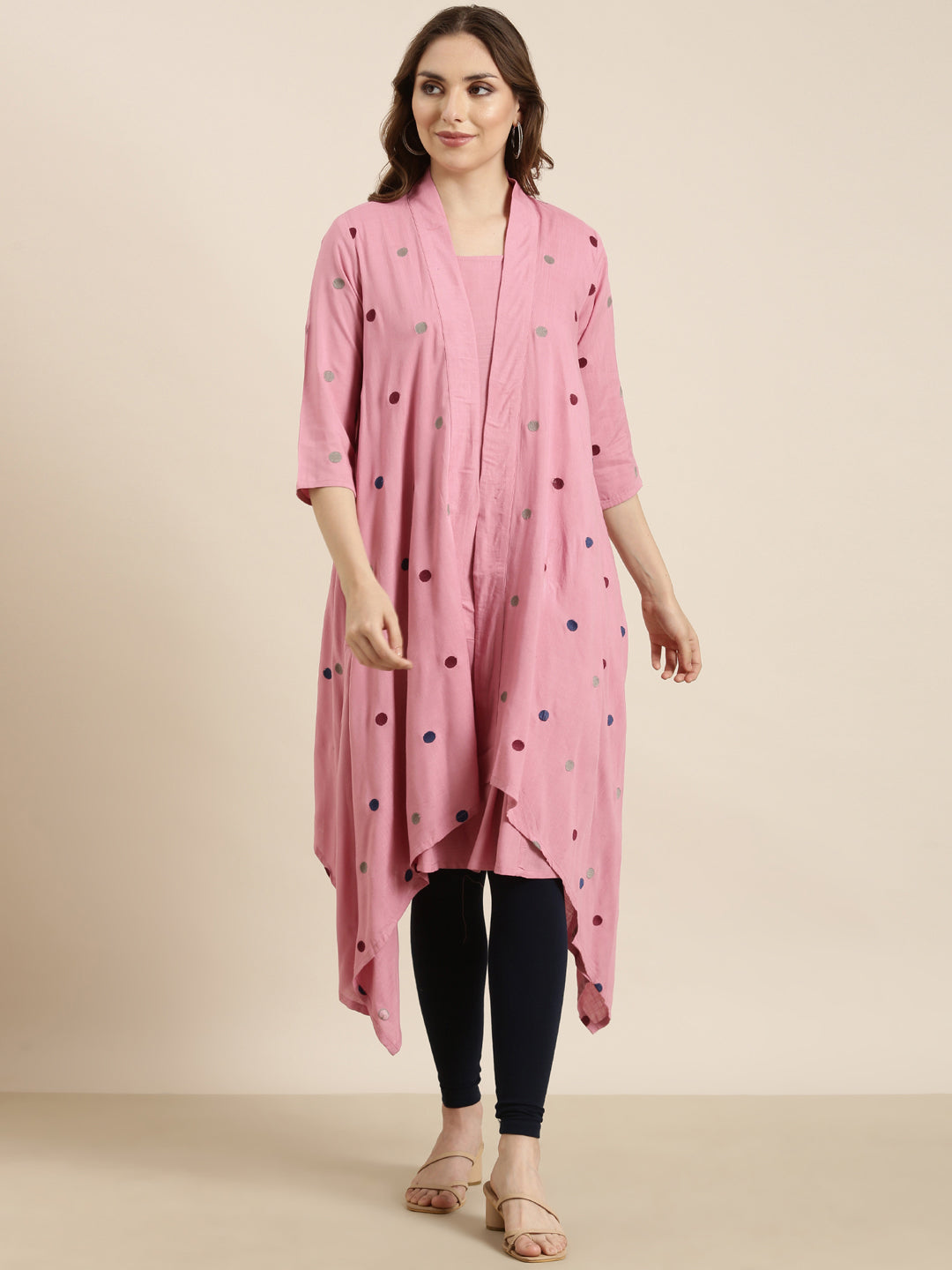 Women's A-Line Pink Solid Kurta Comes With Overcoat