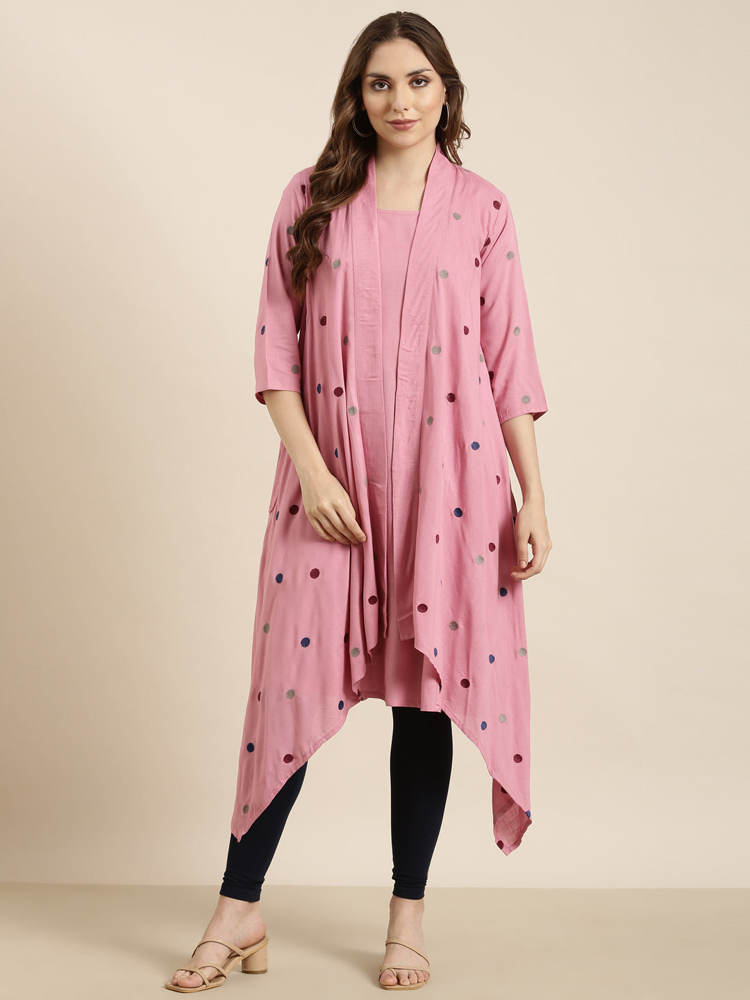 Women's A-Line Pink Solid Kurta Comes With Overcoat