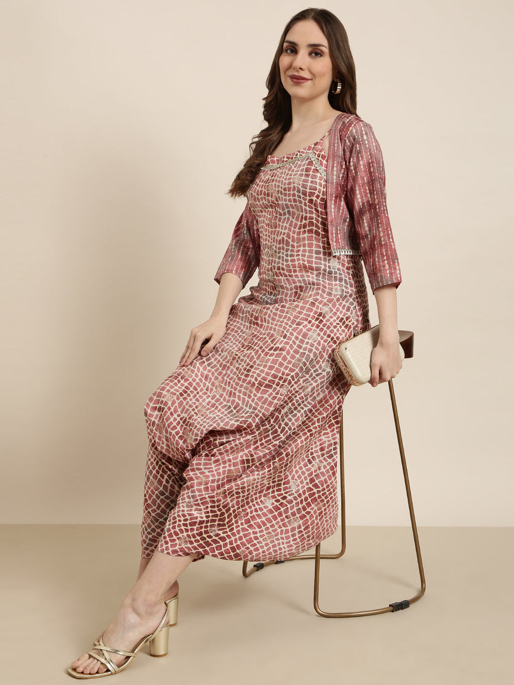 Women's Peach Printed Jumpsuit with Shrug