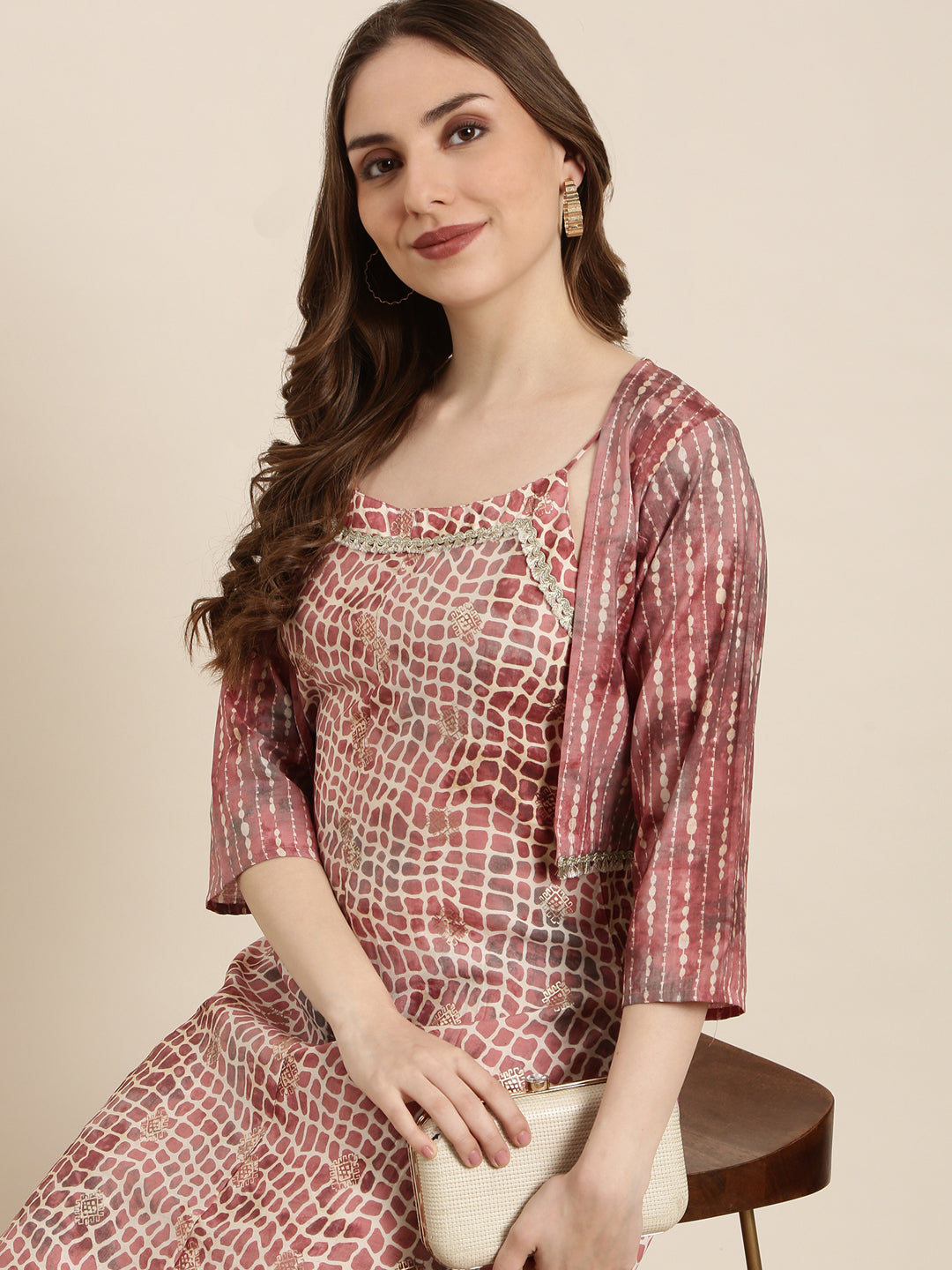 Women's Peach Printed Jumpsuit with Shrug
