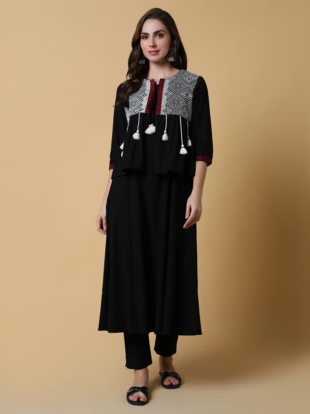 Women's Black Graphic A-Line Kurta with Shrug