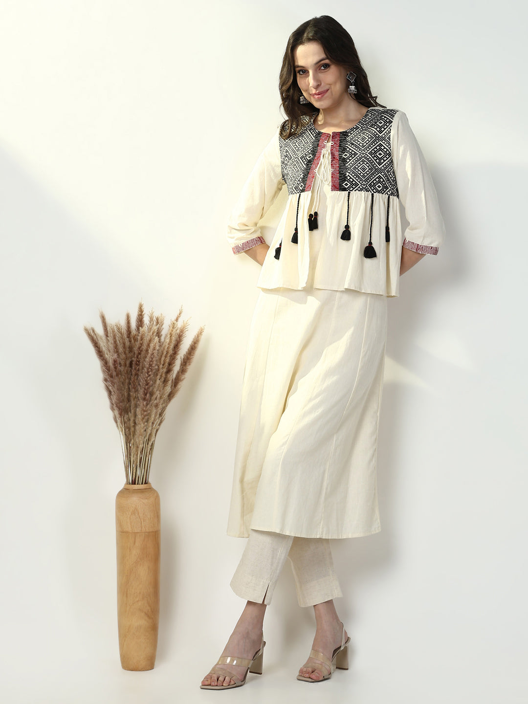 Women's Cream Solid A Line Kurta with Coat