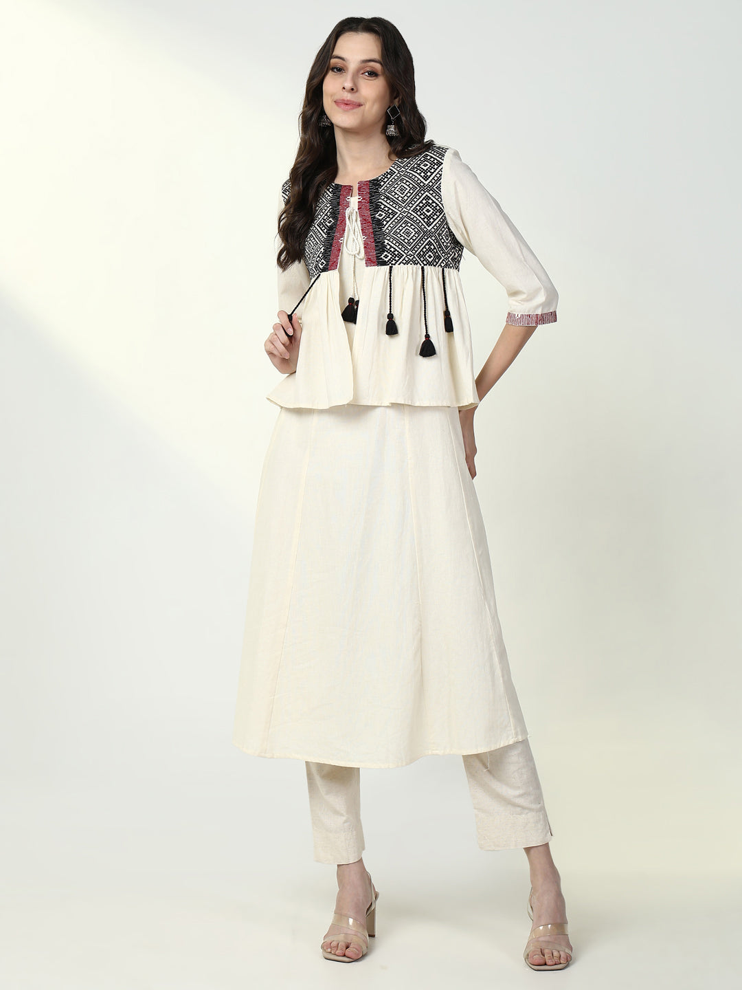 Women's Cream Solid A Line Kurta with Coat