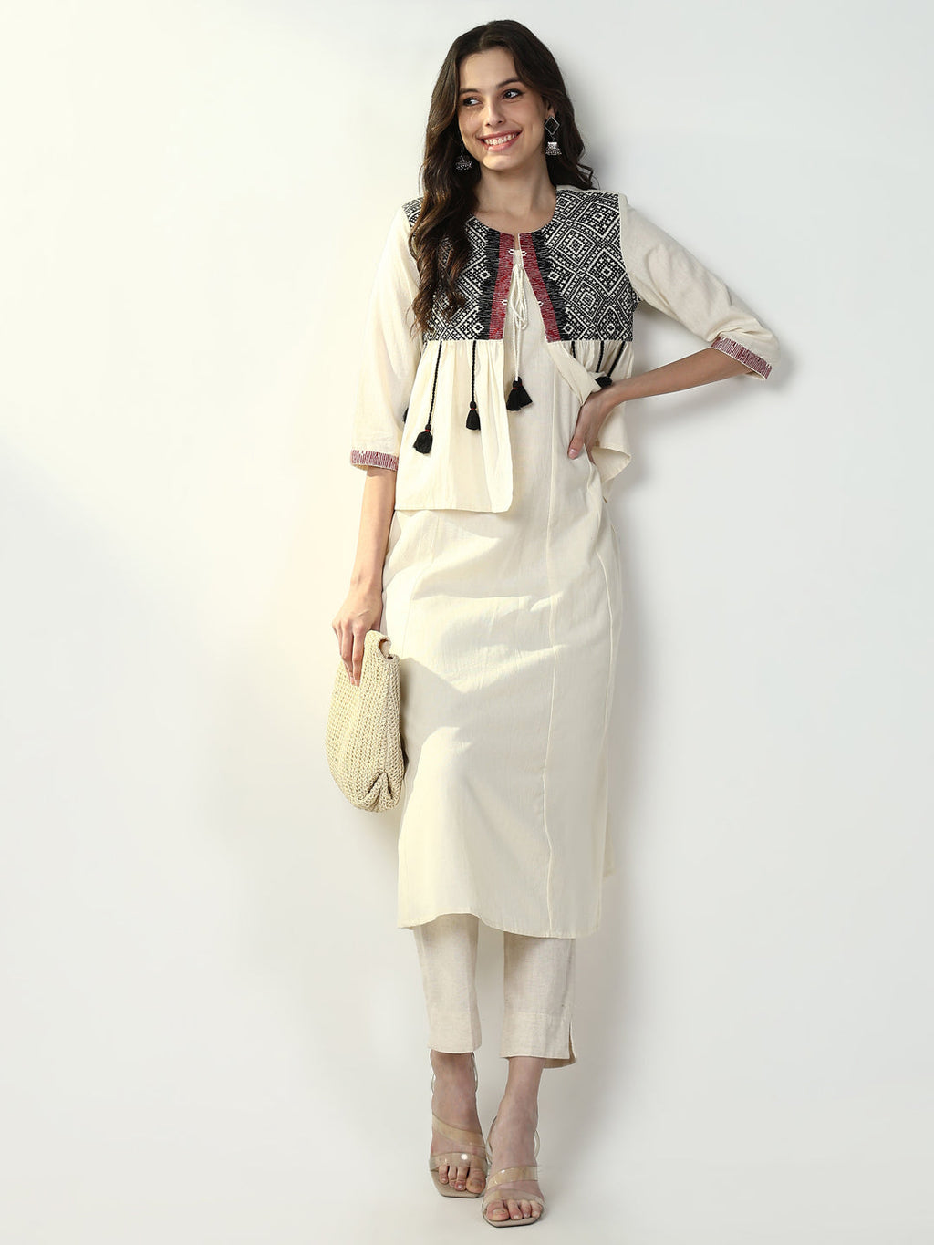 Women's Cream Solid A Line Kurta with Coat