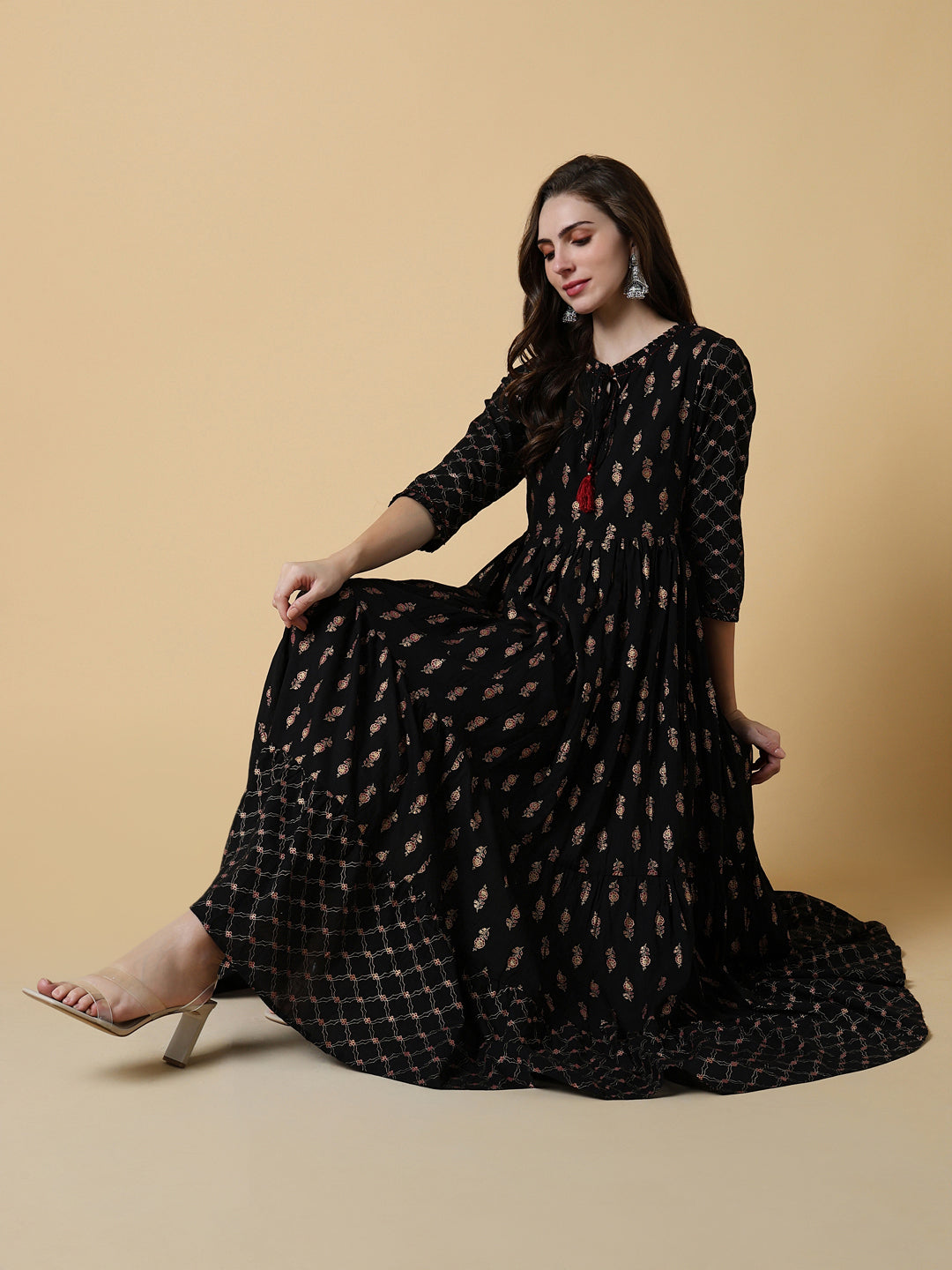 Women's Black Graphic A-Line Kurta