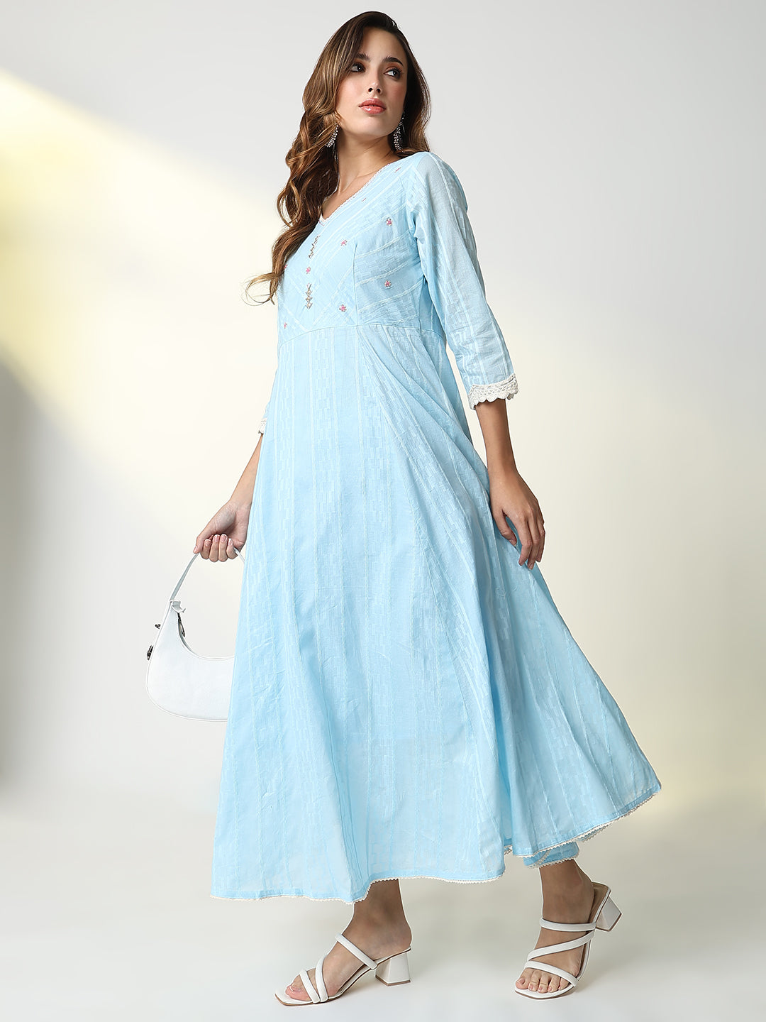 Women's Blue Striped Anarkali Kurta