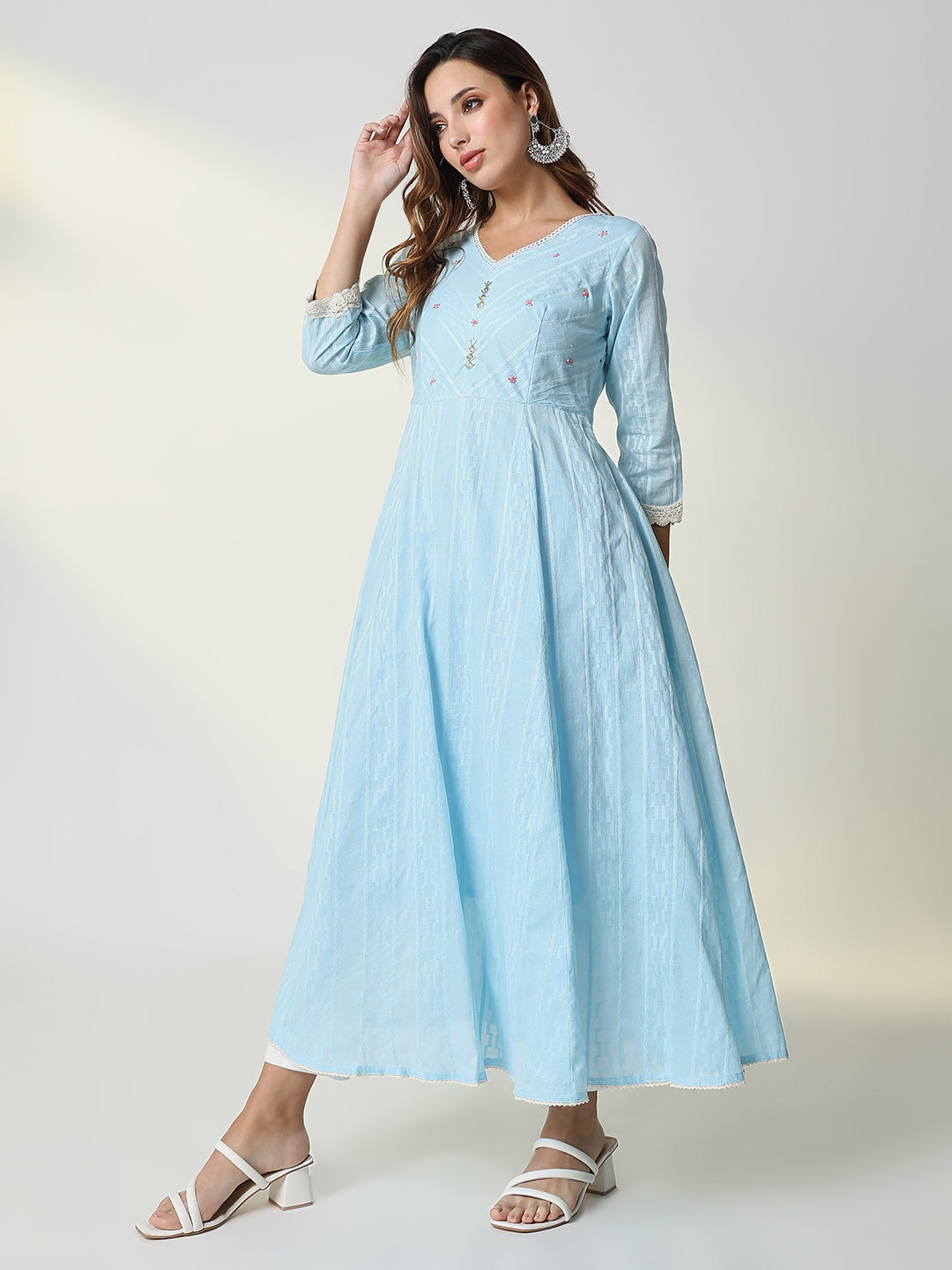 Women's Blue Striped Anarkali Kurta