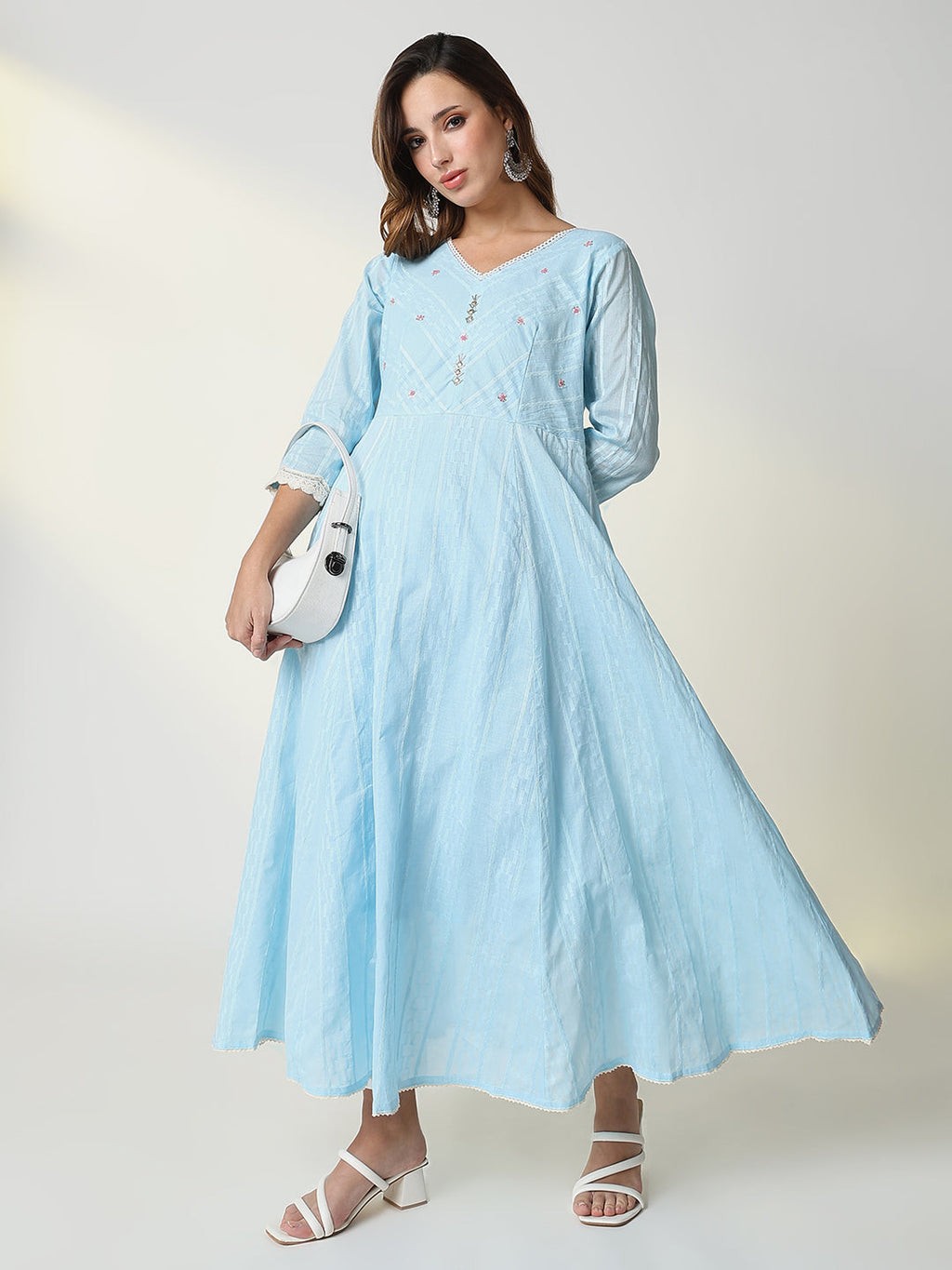 Women's Blue Striped Anarkali Kurta