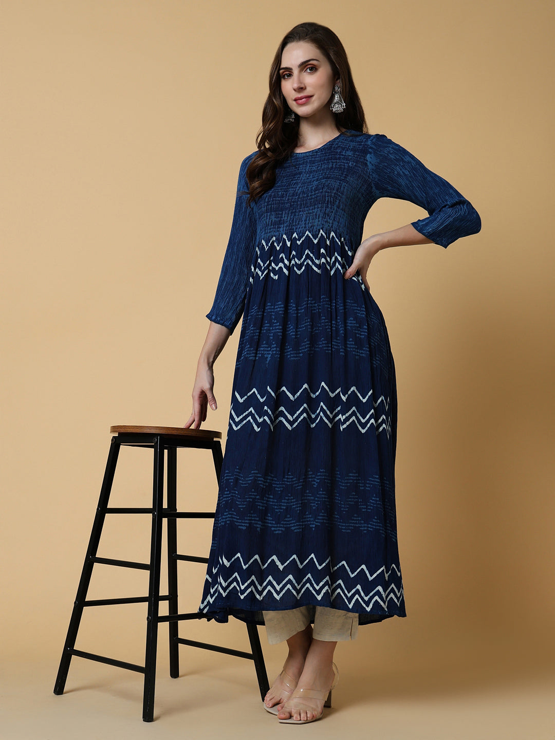 Women's Navy Blue Graphic Anarkali Kurta