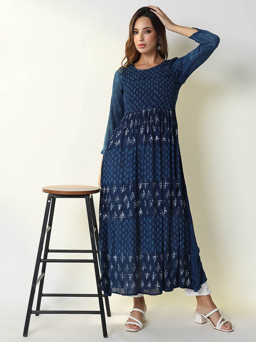 Women's Navy Blue Graphic Anarkali Kurta
