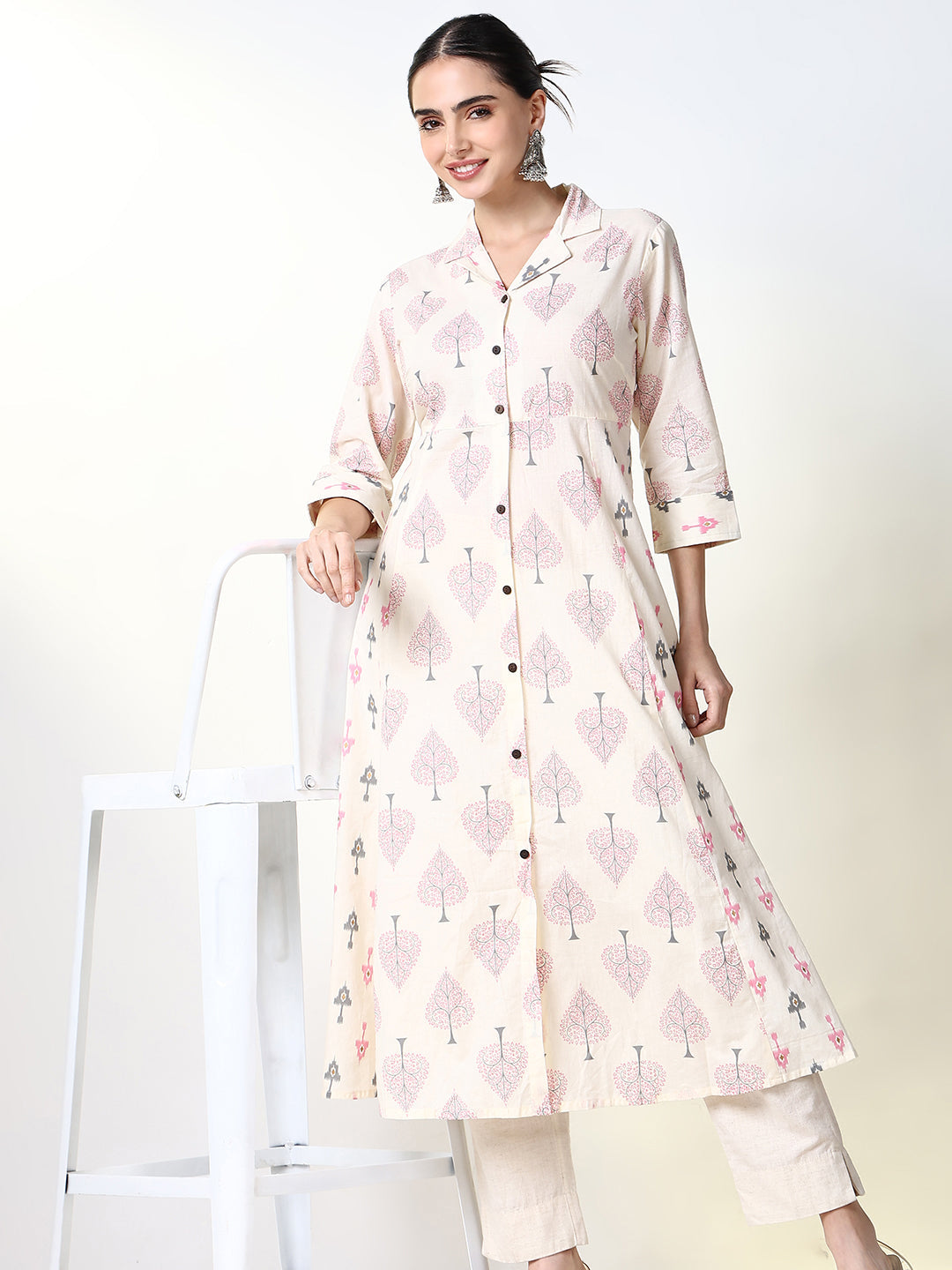 Women's Cream Graphic A Line Kurta
