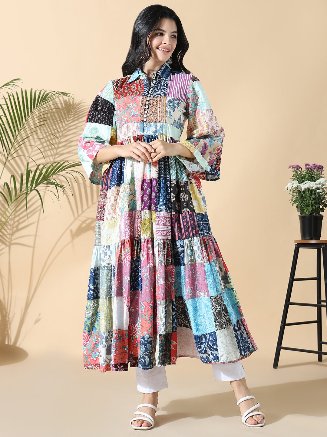 Women's Multi Printed Cotton Anarkali Kurta