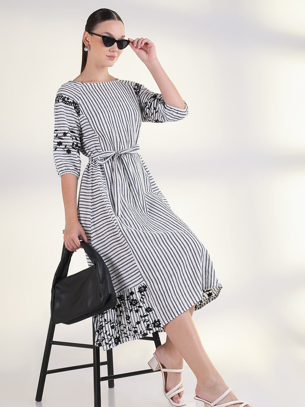 Women's Striped White Fit and Flare Midi Dress with Tie Up