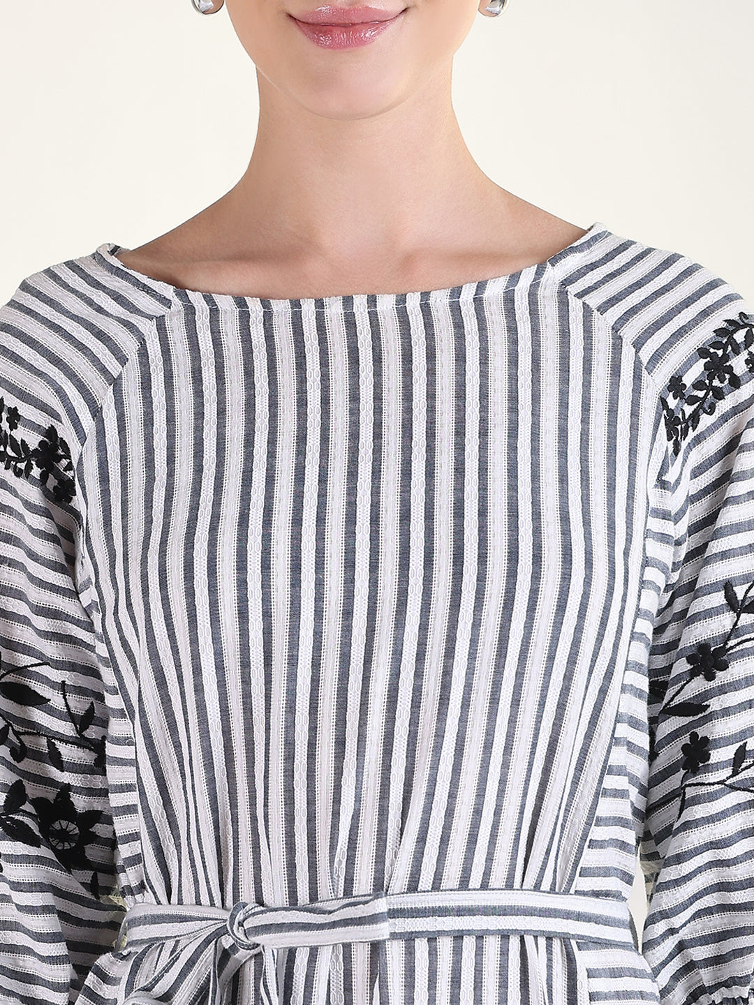 Women's Striped White Fit and Flare Midi Dress with Tie Up
