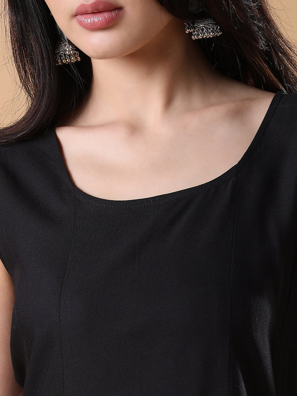 Women's Black Solid Cotton A-Line Kurta with Shrug