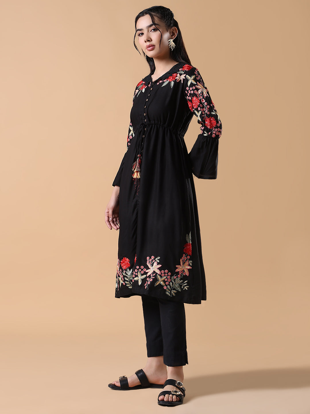 Women's Black Embroidered Floral A-Line Kurta