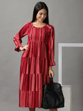 Women's Maroon Colourblock Fit & Flare Cotton Midi Dress