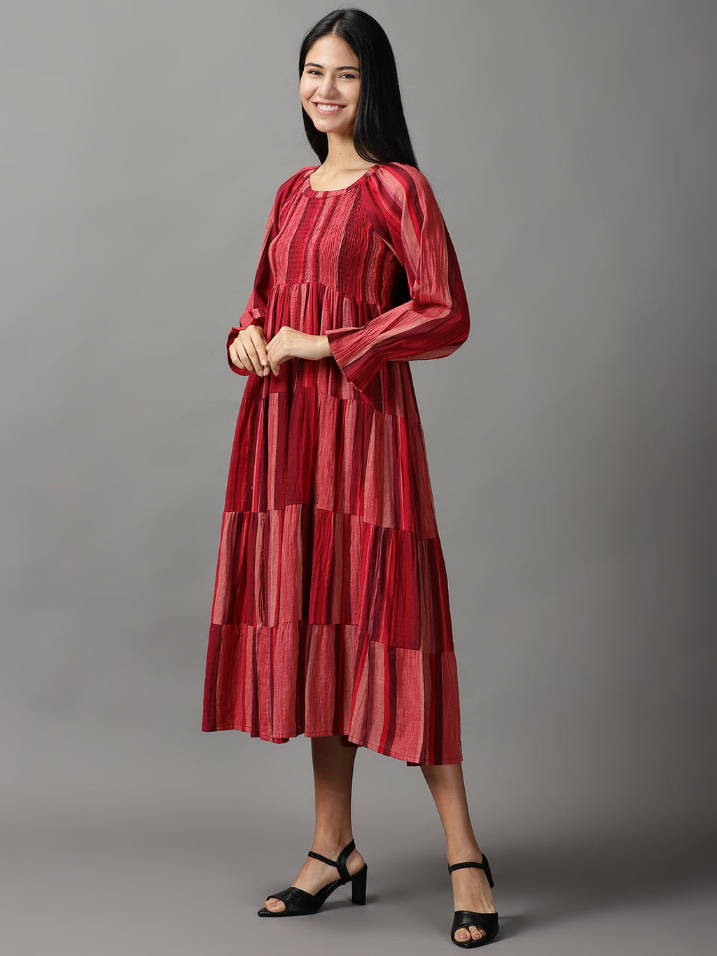 Women's Maroon Colourblock Fit & Flare Cotton Midi Dress