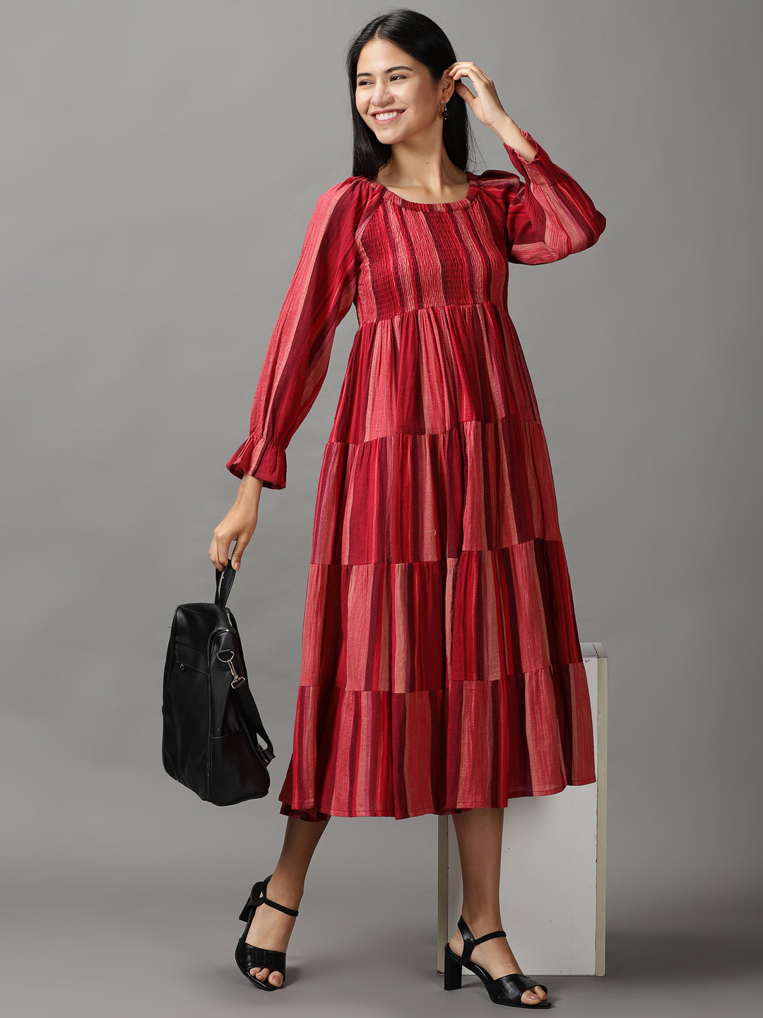 Women's Maroon Colourblock Fit & Flare Cotton Midi Dress