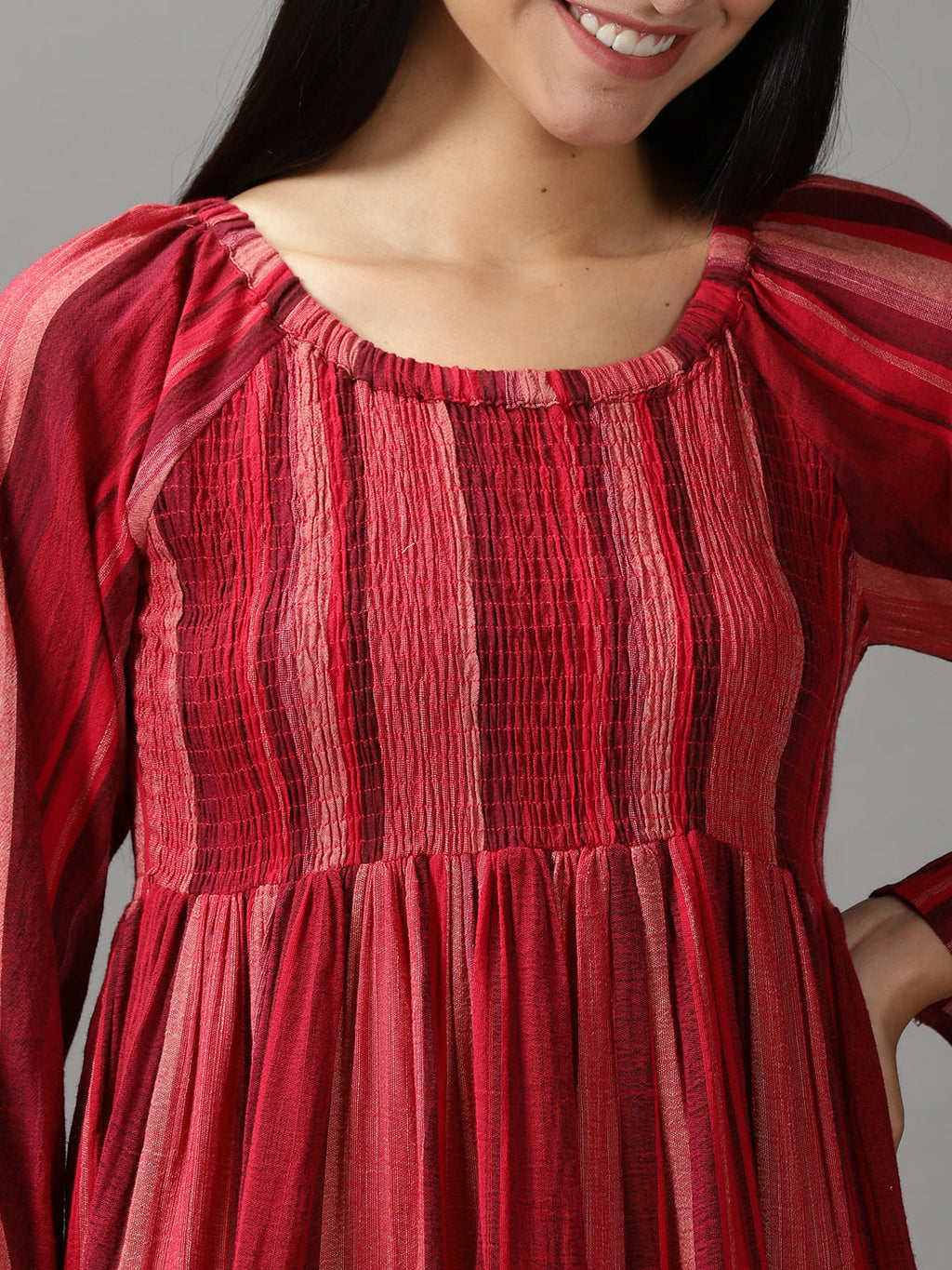 Women's Maroon Colourblock Fit & Flare Cotton Midi Dress
