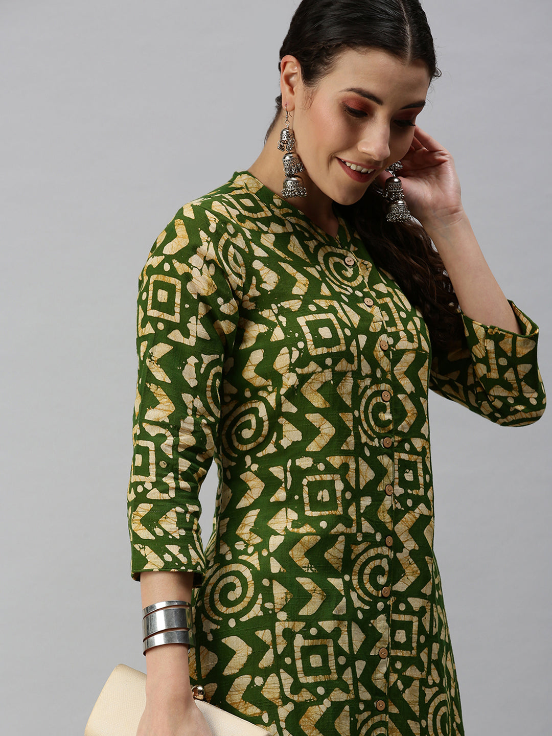Women's Mandarin Collar Printed Green A-Line Kurta