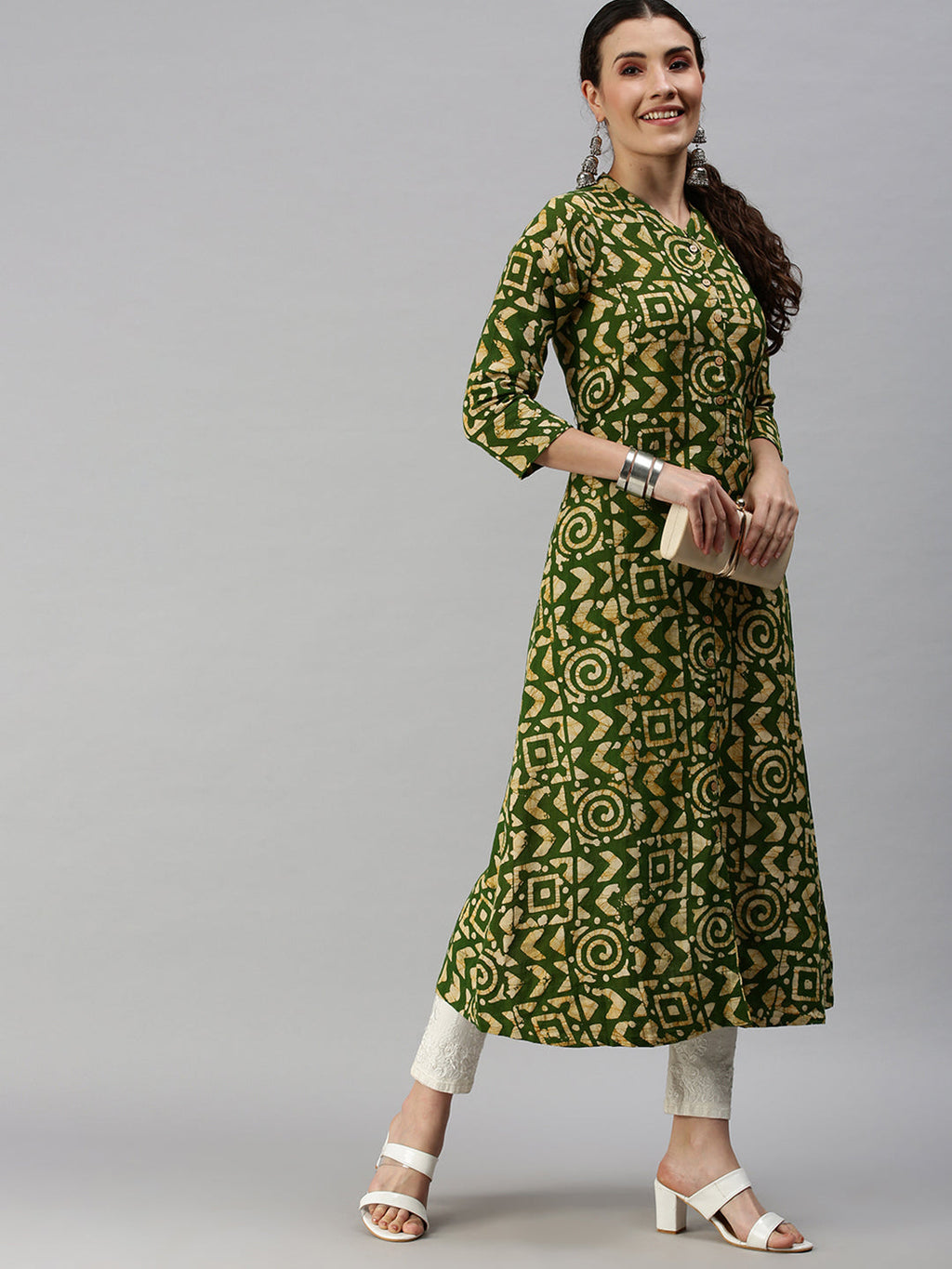 Women's Mandarin Collar Printed Green A-Line Kurta