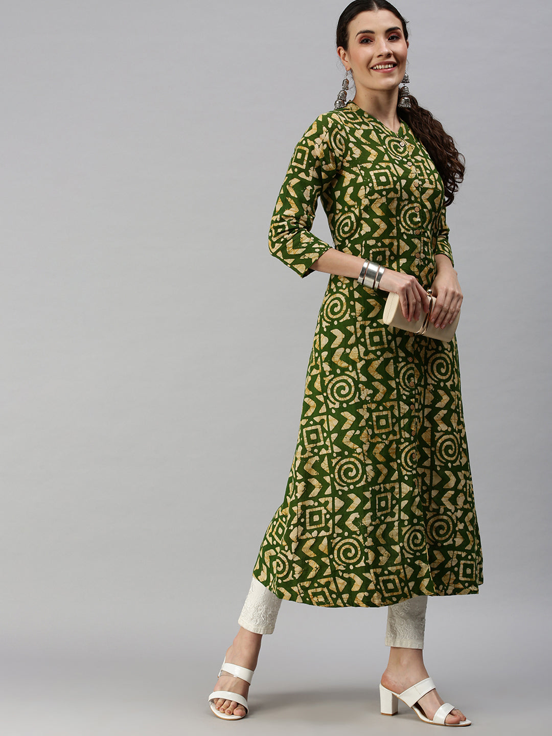 Women's Mandarin Collar Printed Green A-Line Kurta