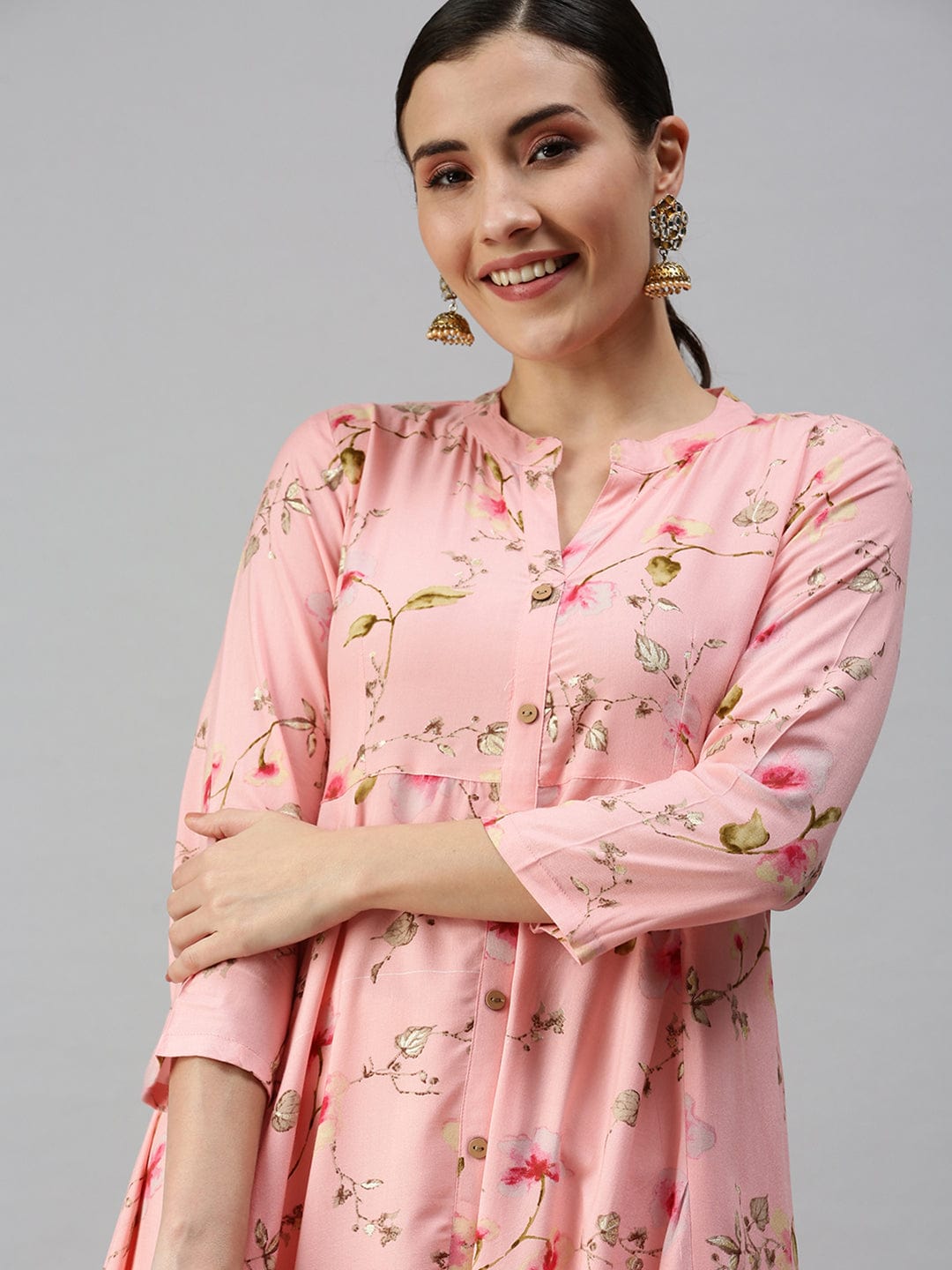 Women's Mandarin Collar Printed Pink Anarkali Kurta