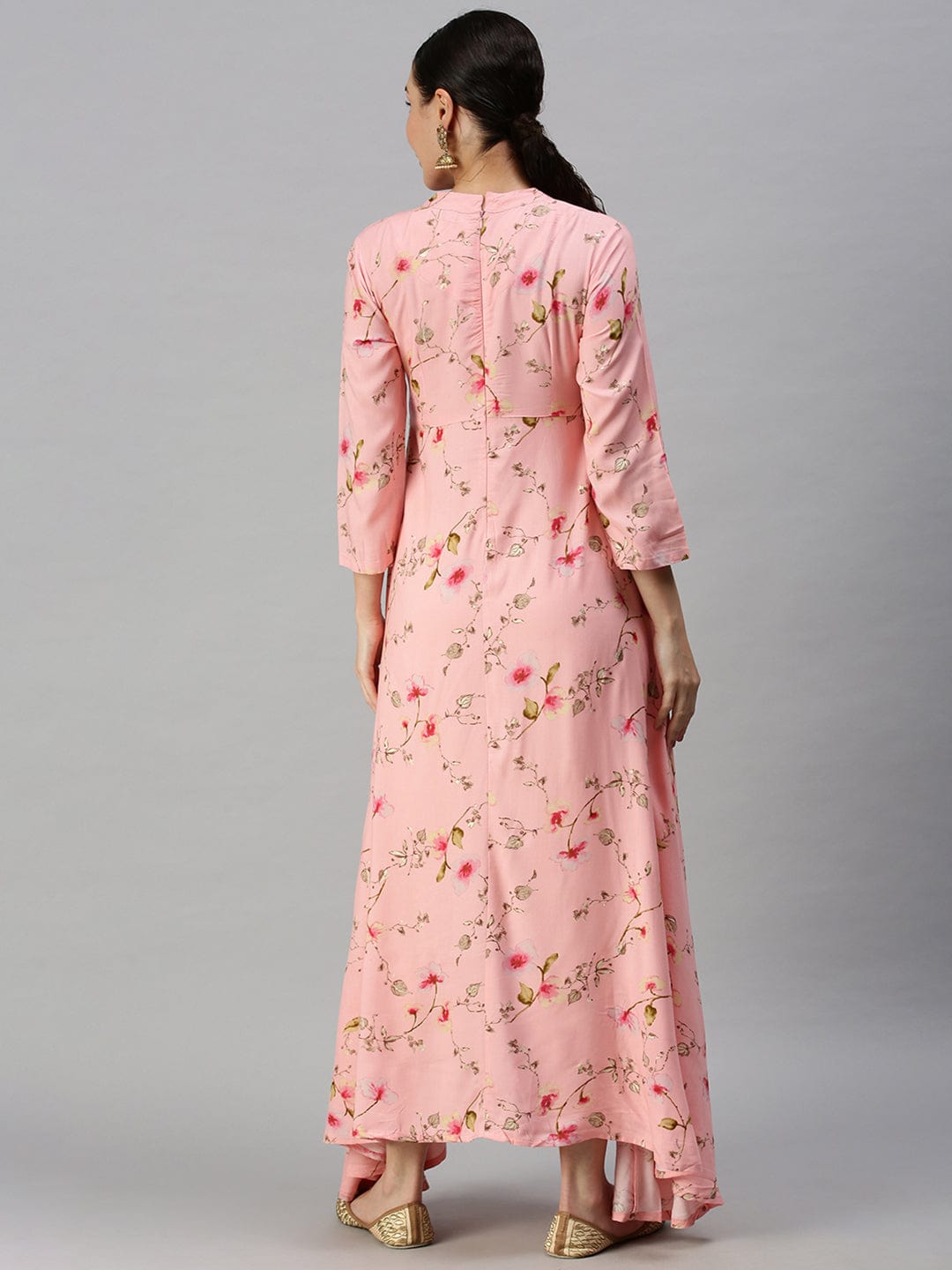 Women's Mandarin Collar Printed Pink Anarkali Kurta