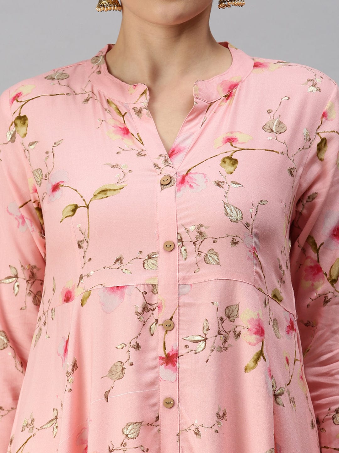 Women's Mandarin Collar Printed Pink Anarkali Kurta