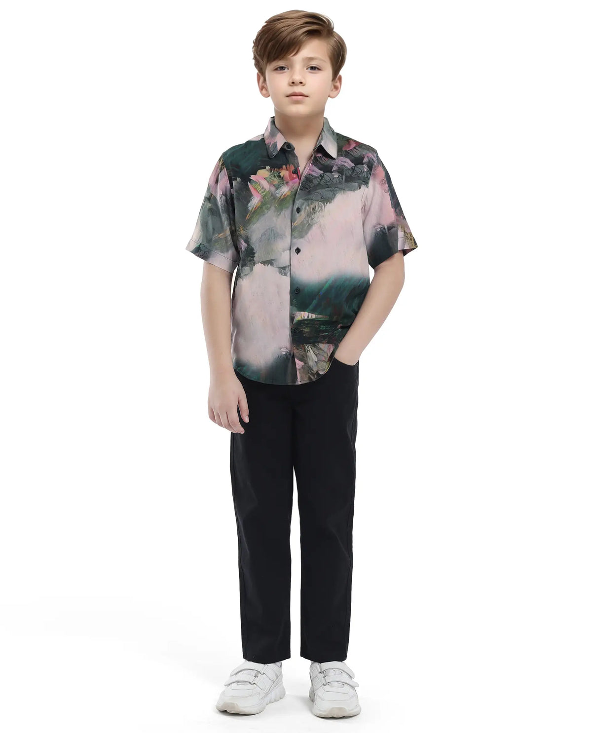 Rare Ones Kids Paint Green Viscose Half Sleeve Button Printed Regular Fit Shirt