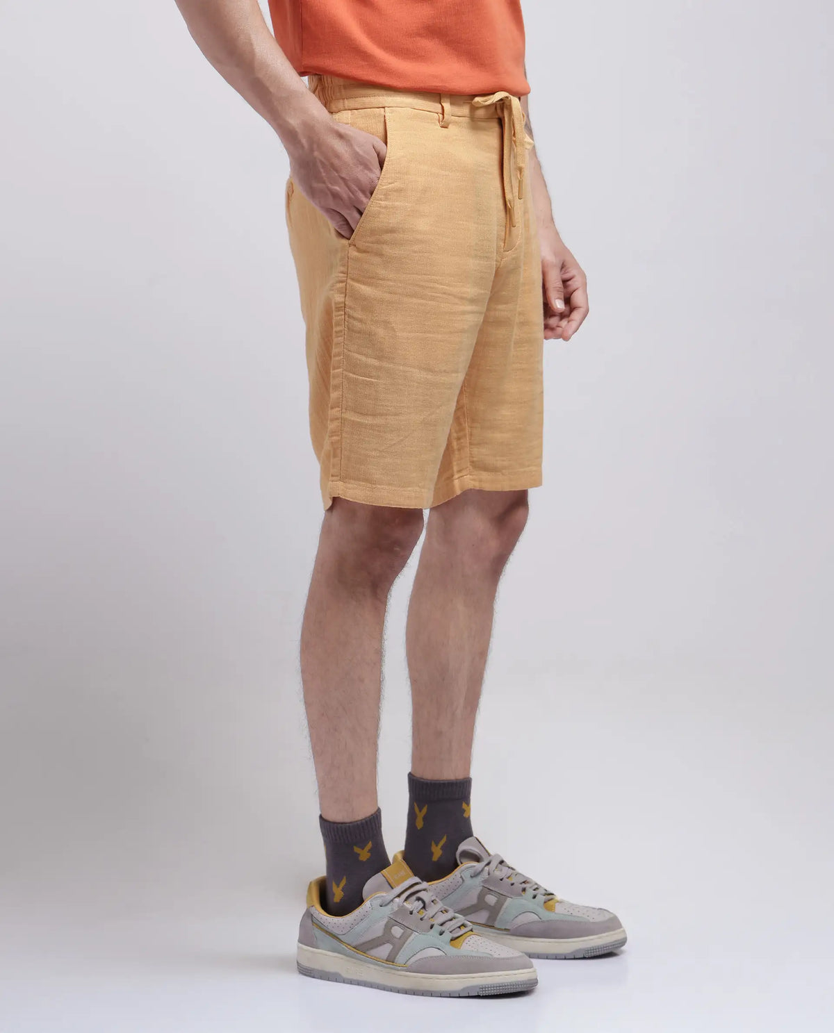Rare Rabbit Men's Pinto-25 Yellow Cotton Blend Plain Regular Fit Shorts
