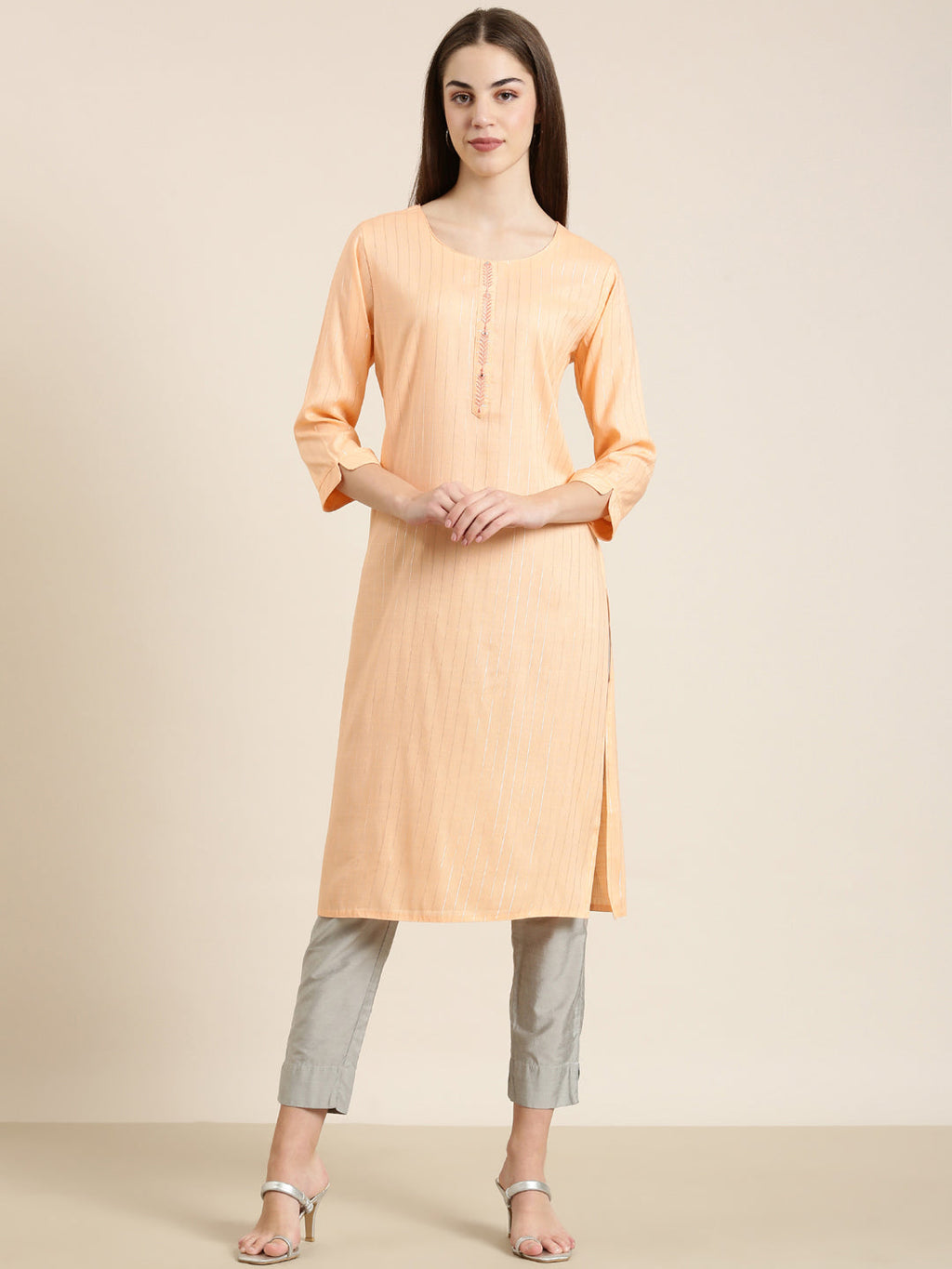 Women's Peach Striped Embellished Straight Kurta