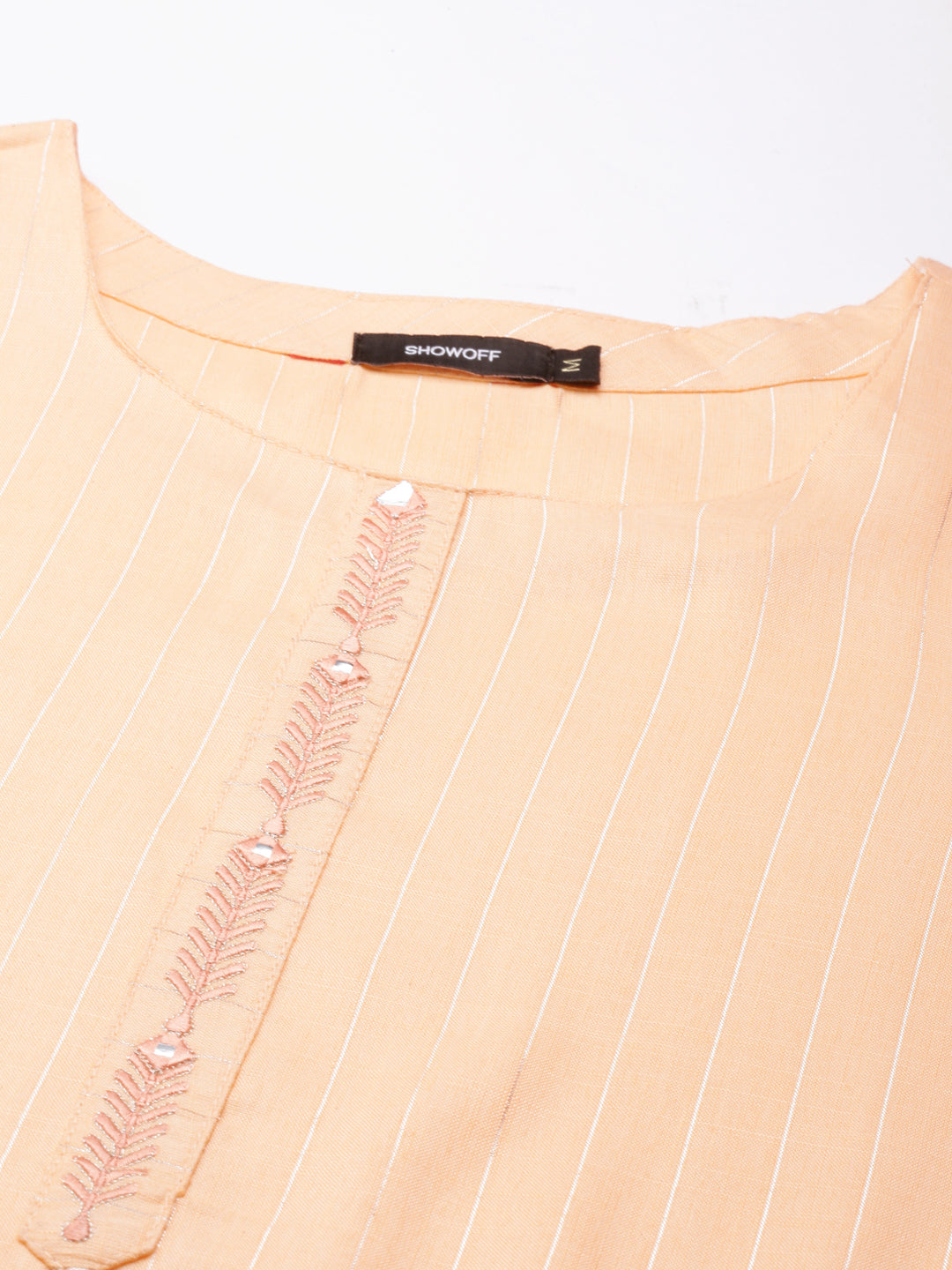 Women's Peach Striped Embellished Straight Kurta
