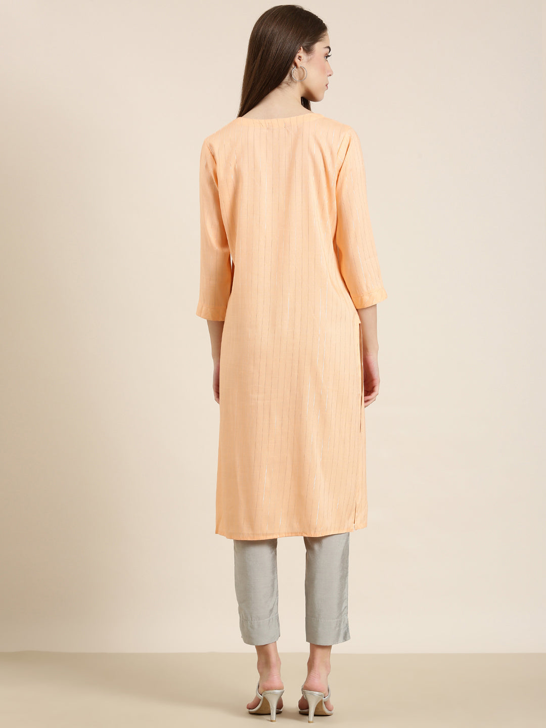 Women's Peach Striped Embellished Straight Kurta