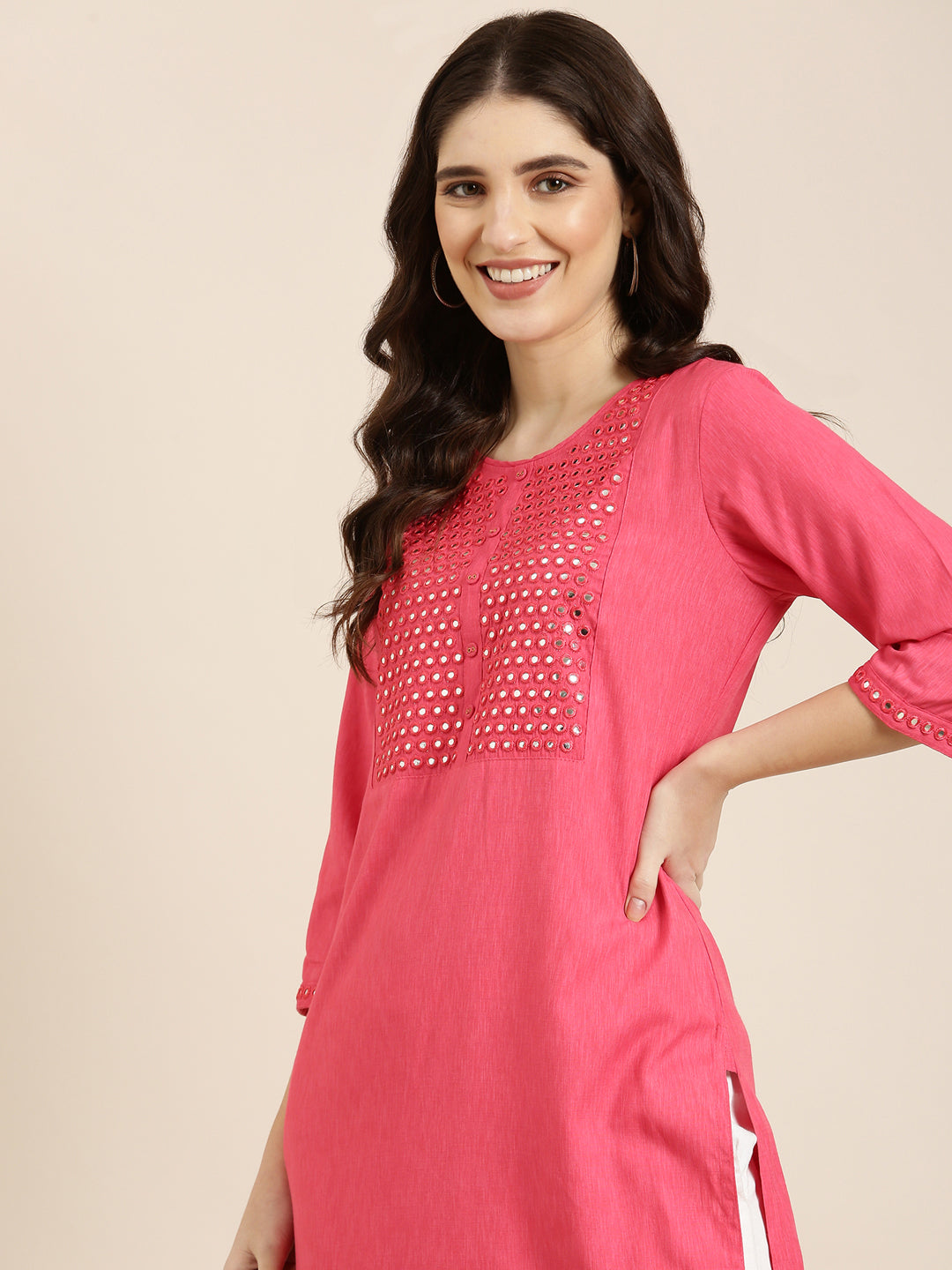 Women's Pink Geometric Yoke Design Mirror Work Straight Kurta