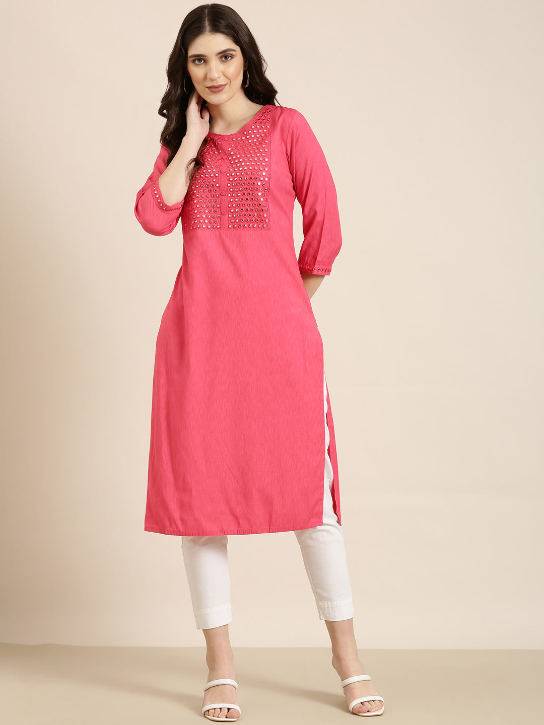 Women's Pink Geometric Yoke Design Mirror Work Straight Kurta