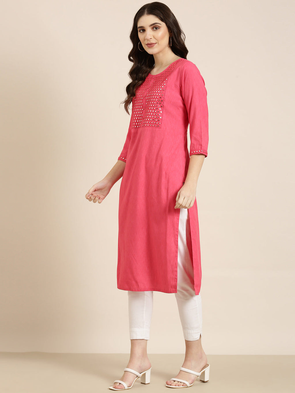 Women's Pink Geometric Yoke Design Mirror Work Straight Kurta