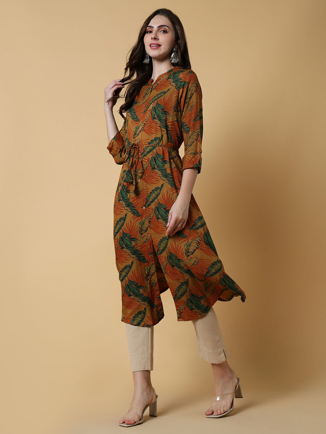 Women's Brown Floral A-Line Kurta