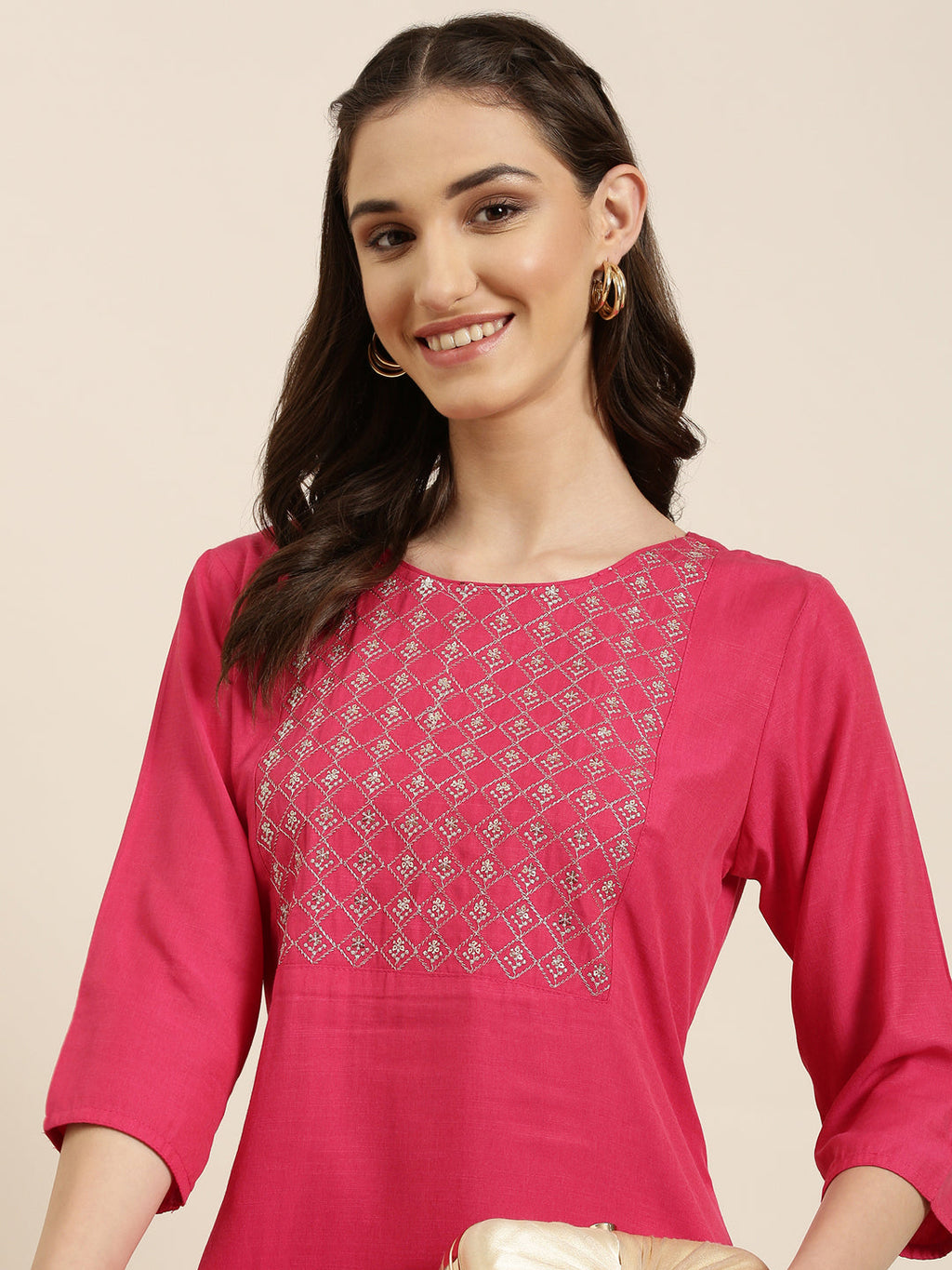 Women's Fuchsia Geometric Straight Kurta