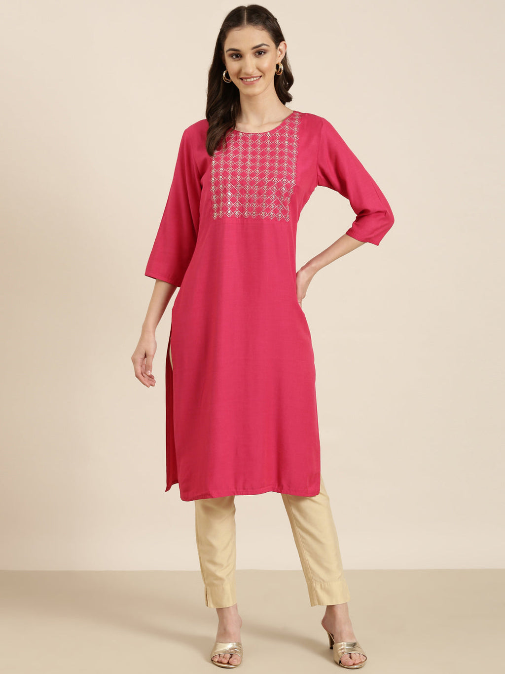 Women's Fuchsia Geometric Straight Kurta
