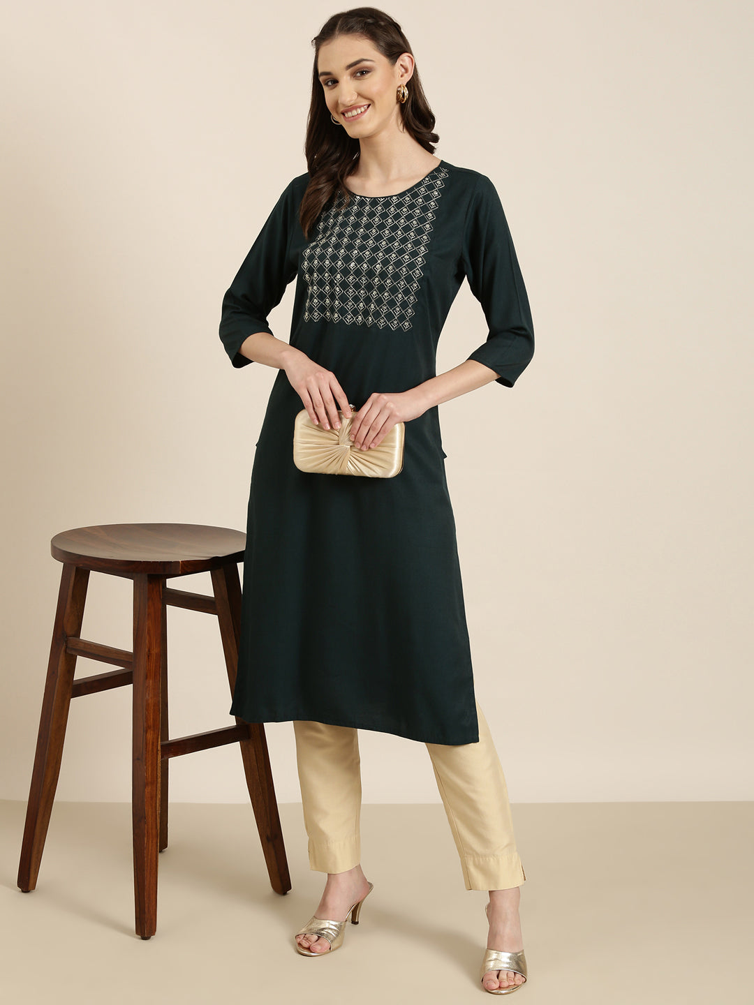 Women's Teal Floral Sequinned Straight Kurta