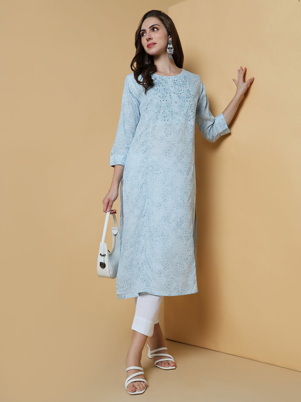 Women's Blue Graphic Straight Kurta