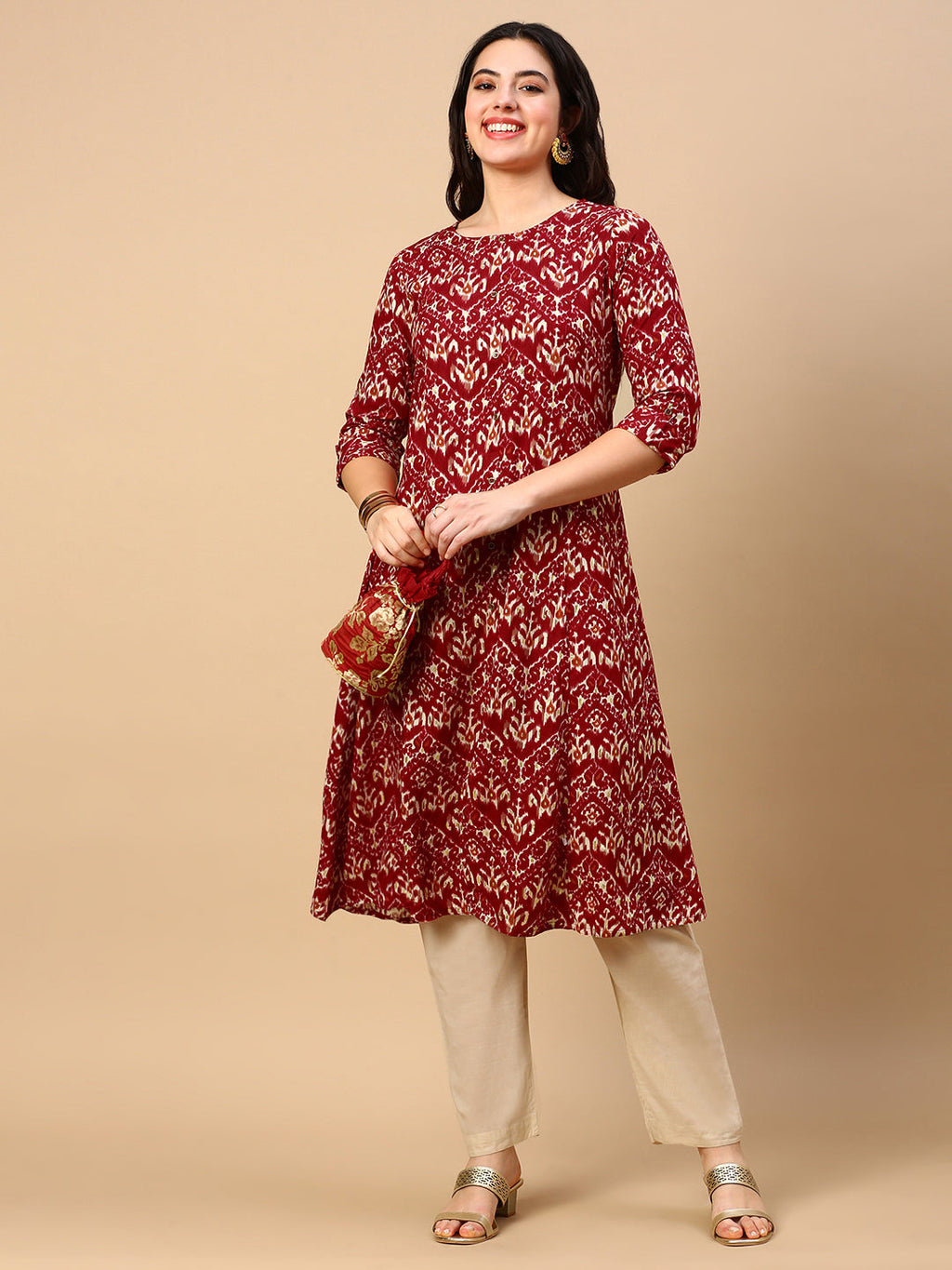Women's Red Graphic A Line Kurta