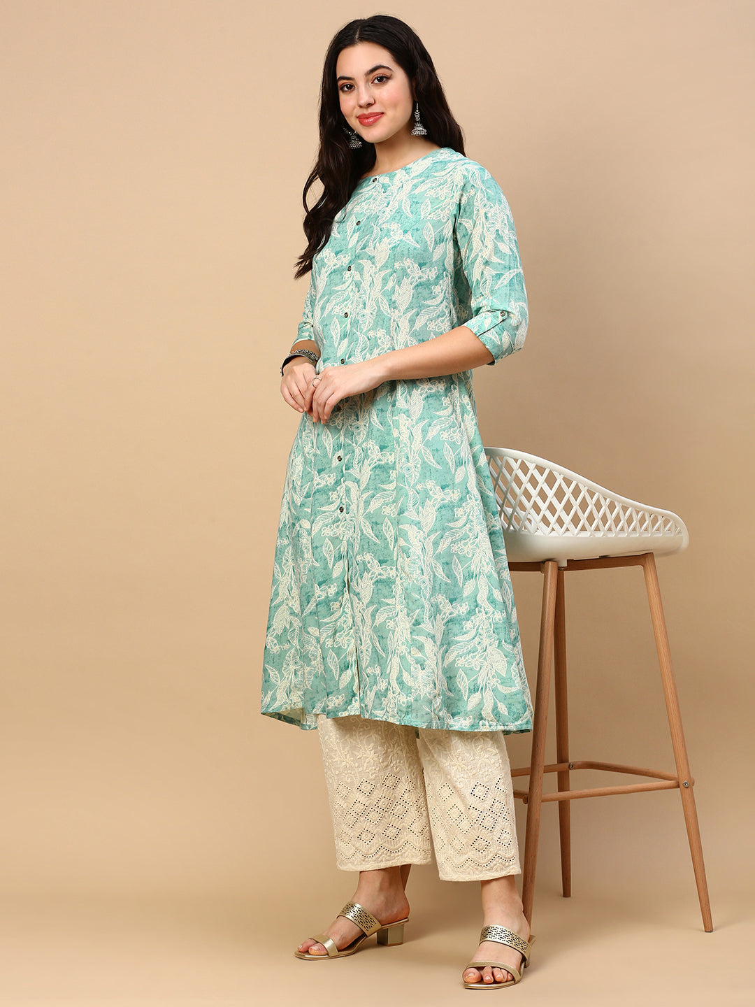 Women's Green Floral A Line Kurta