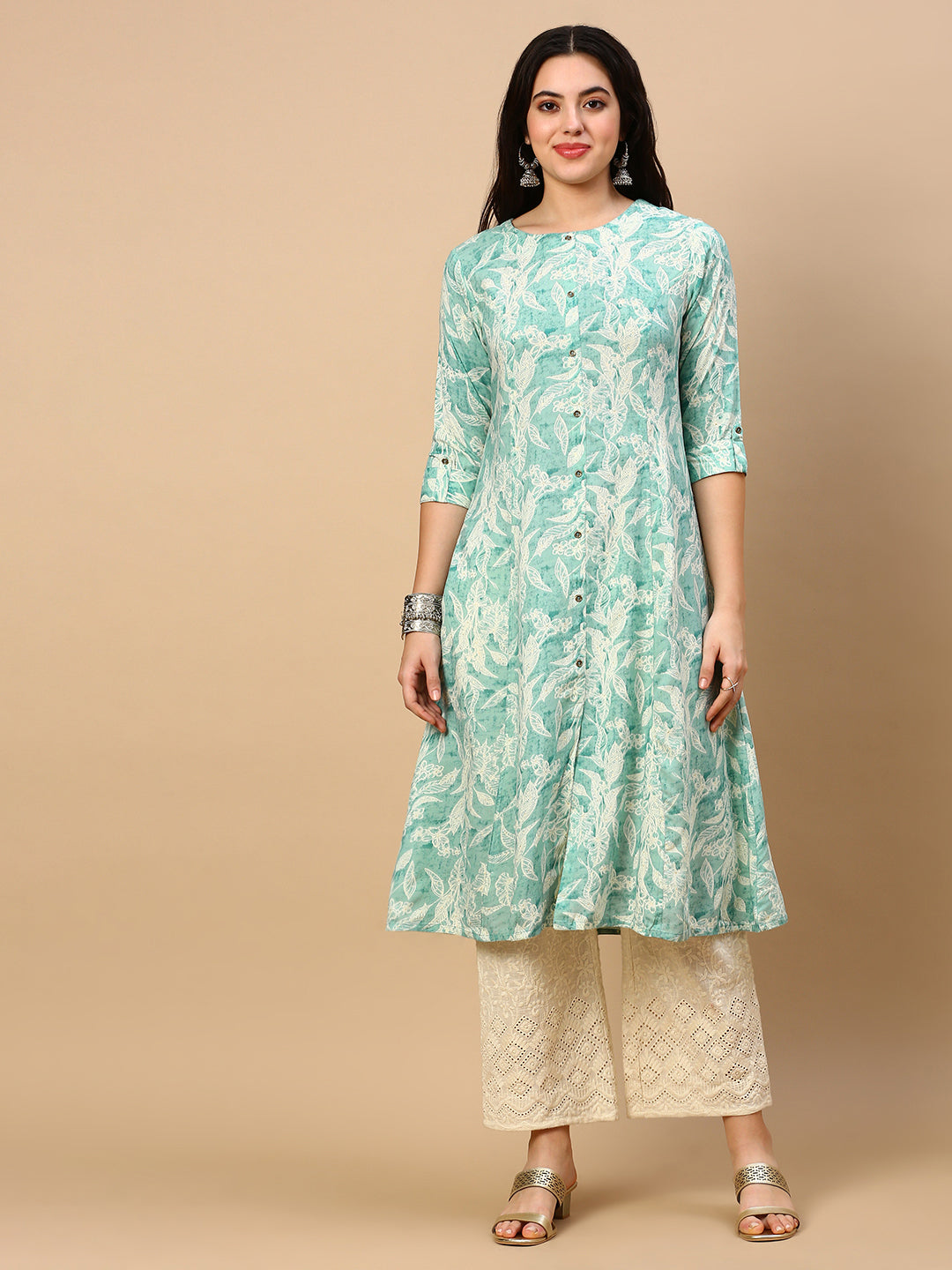 Women's Green Floral A Line Kurta