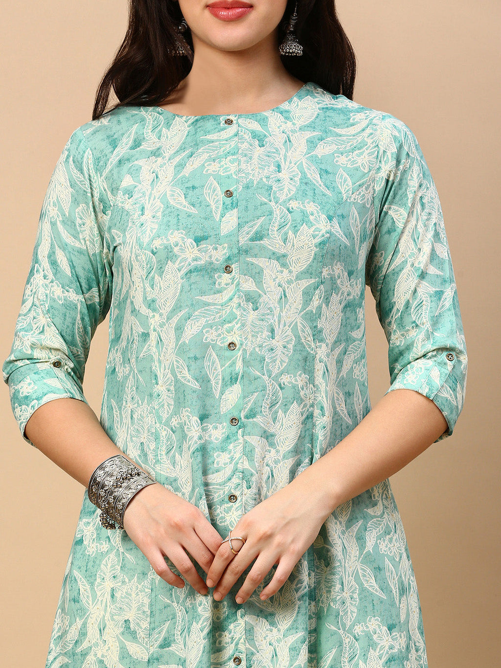 Women's Green Floral A Line Kurta